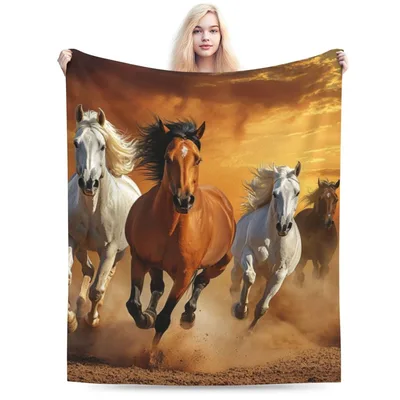 Three Running Horses Blanket: Sunset Gallop Art for Equestrian Lovers