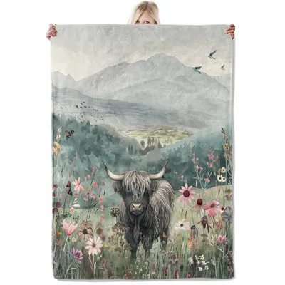 Highland Cow Meadow Landscape Blanket