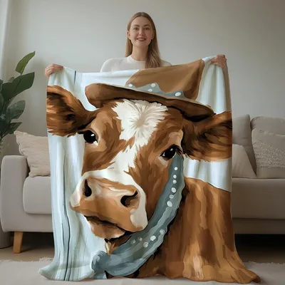 Highland Cow Face Portrait Blanket: Stylish Cow with Hat and Scarf