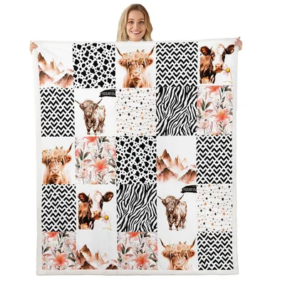 Highland Cow Patchwork Pattern Blanket: Rustic Farm Animal Design