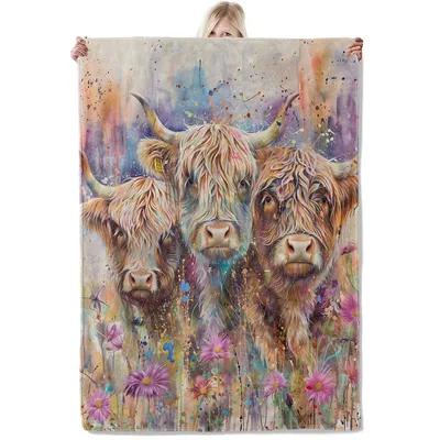 Watercolor Highland Cows Blanket: Vibrant Farm Animal Art