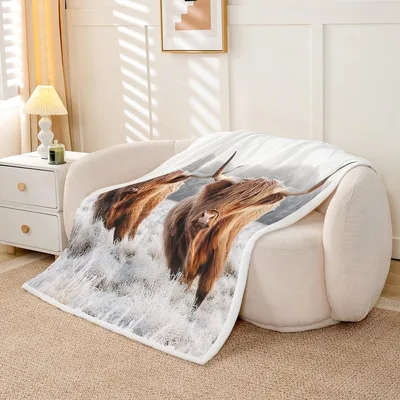 Highland Cow Portrait Blanket: Fluffy Cattle Art for Farm Lovers