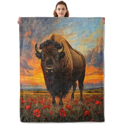 Majestic Bison at Sunset Blanket: Wild Prairie Art for Nature Lovers