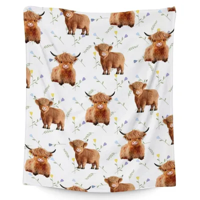 Highland Cow Pattern Blanket: Fluffy Cows and Wildflowers – Design 2