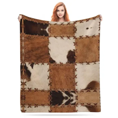 Cowhide Print Patchwork Blanket: Rustic Brown Hide Quilt Design