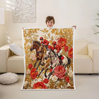 Horse with Blooming Roses Blanket: Racing Art with Red Flowers