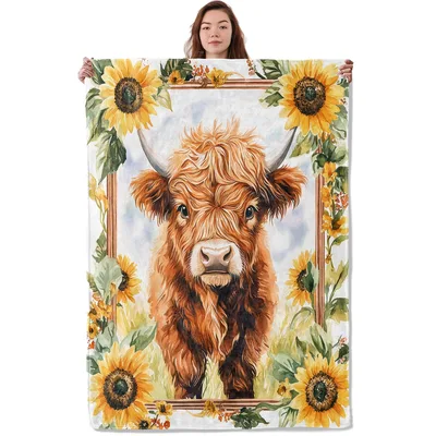 Highland Cow with Sunflowers Blanket: Rustic Farm Animal Art