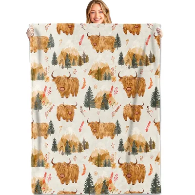 Highland Cow Forest Pattern Blanket featuring shaggy cattle