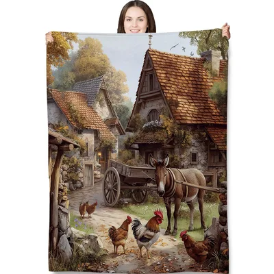 Rustic Farmhouse Animal Scene Blanket: Donkey and Chicken Village Art