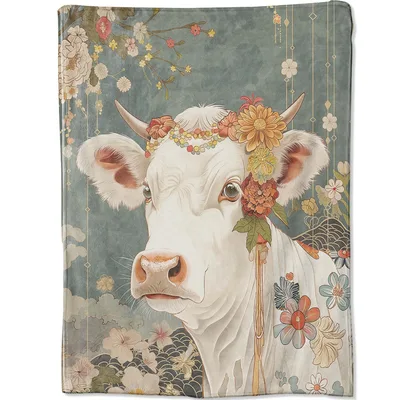 Cow with Flower Crown Blanket: A White Cow Adorned in Floral Art