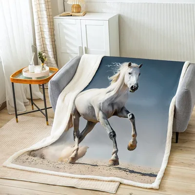 White Horse Blowing Dust Blanket: A Galloping Equine Print