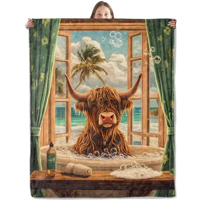 Highland Cow in Bathtub Blanket: Relaxing Beachside Bath Scene