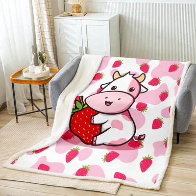 Strawberry Cow Pattern Blanket: Cute Cartoon Cow Holding a Giant Berry
