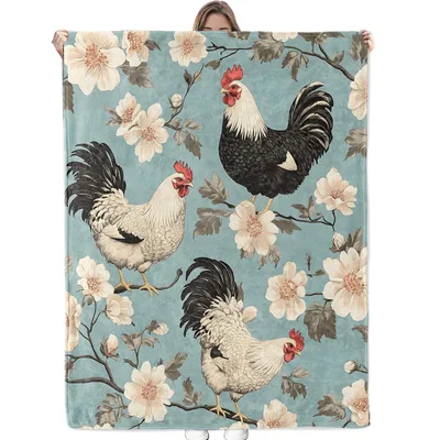Vintage Rooster Floral Pattern Blanket: Farmhouse Charm with Roosters