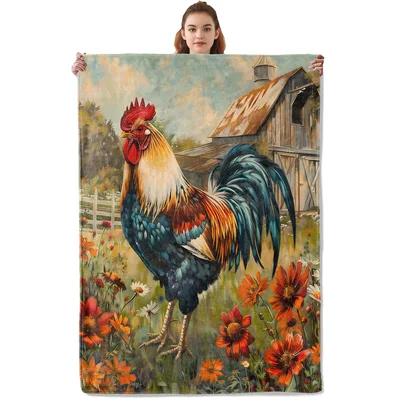 Rooster in Farmyard Blanket: Rustic Rooster Art on a Cozy Throw
