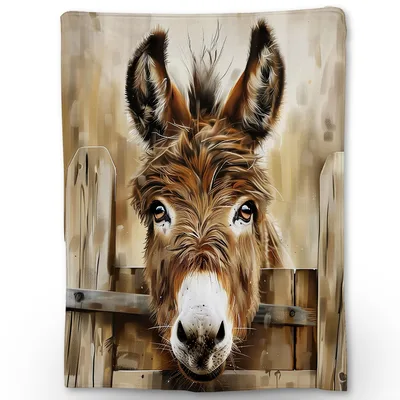 Watercolor Donkey Portrait Blanket Peeking Over Wooden Fence