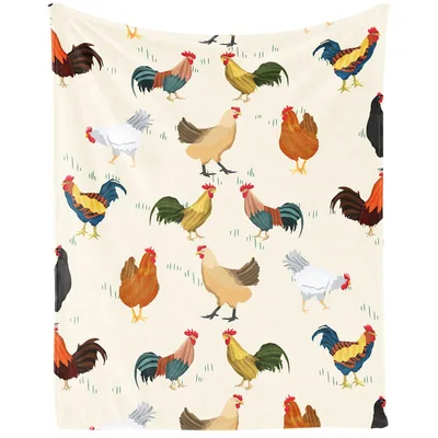 Chickens Pattern on White Blanket: Farmyard Roosters and Hens
