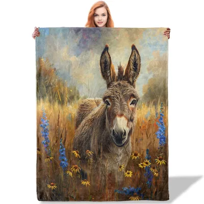 Donkey in Wildflower Field Blanket: A Realistic Farm Animal Print
