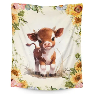 Baby Cow with Sunflowers Blanket: A Cute Calf Design for Farm Lovers