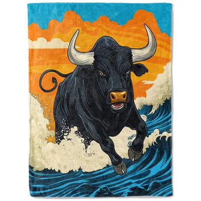 Black Bull Leaping Through Blanket: Wild Ocean Art