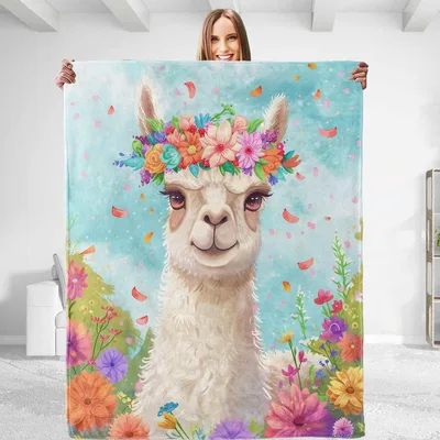 Llama with Flower Crown Blanket: A Whimsical Floral Farm Animal Design