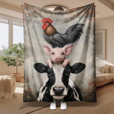 Rooster Cow and Pig Blanket: Stacked Farm Animals in Oil Style