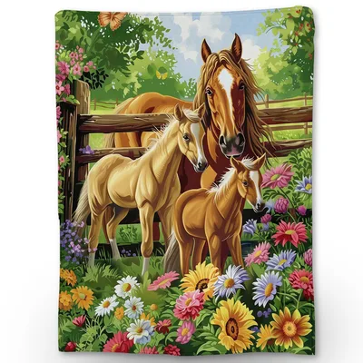 Horses Among Colorful Flowers Blanket: A Pastoral Scene with Foals