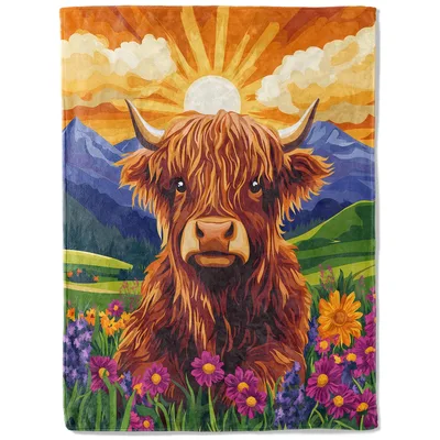 Highland Cow Sunrise Mountains Blanket featuring a fluffy brown cow