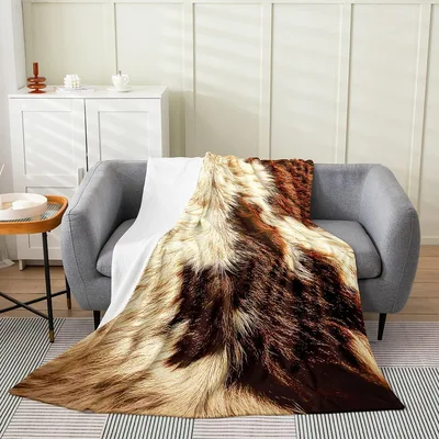 Cowhide Pattern Brown White Blanket: Rustic Animal Print Design
