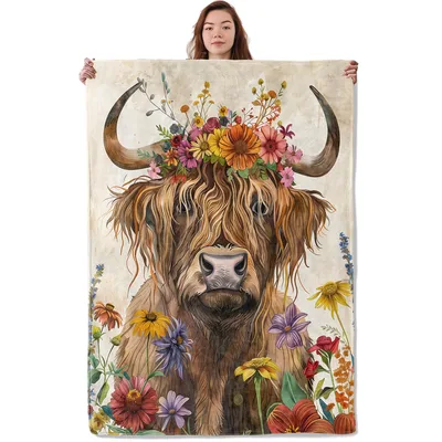 Floral Crown Highland Cow Blanket: Shaggy Hair and Wildflower Art
