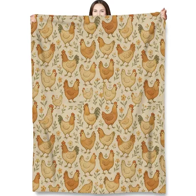 Farm Hen Chicken Pattern Blanket: Rustic Fowl and Floral Throw