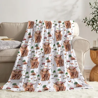Highland Cows Farm Pattern Blanket for Rustic Home Decor