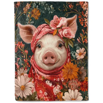 Floral Pig in Headscarf Blanket: A Whimsical Farm Animal Design