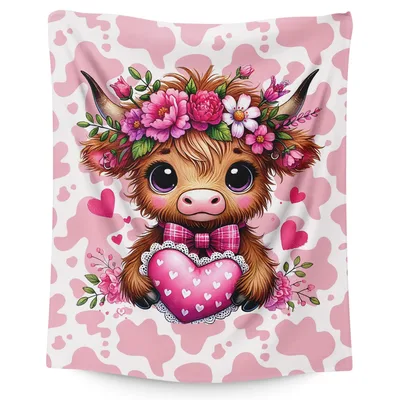 Highland Cow with Flower Heart Blanket: Fluffy Calf Holding Pink Heart