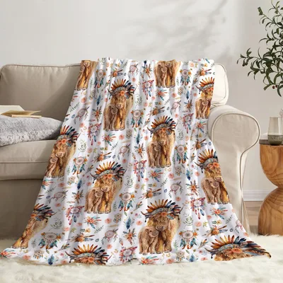 Boho Highland Cow Pattern Blanket: Fluffy Cows with Headdresses