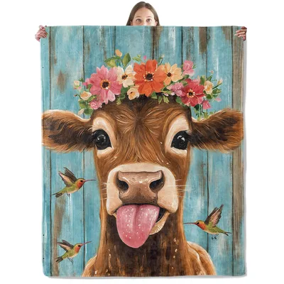 Highland Cow Flower Crown Blanket featuring a playful brown cow