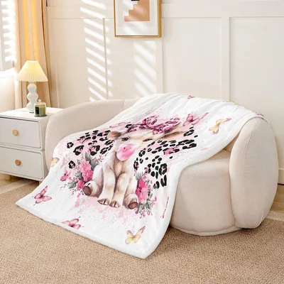 Cartoon Cow Leopard Pink Blanket featuring a Highland cow