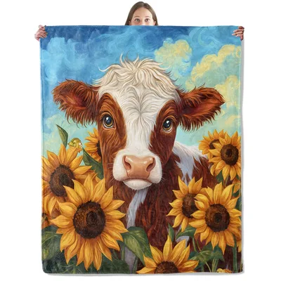 Highland Cow Among Sunflowers Blanket: Cozy Calf in a Field