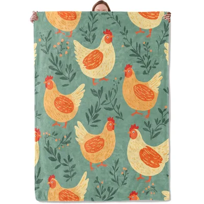Orange Chickens Leaves Pattern Blanket: Farmhouse Chicken Print Throw