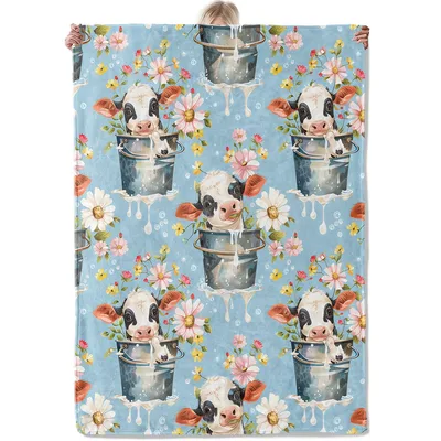 Cows in Buckets Blanket: Spotted Calves and Daisies on Blue