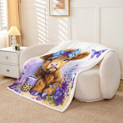 Highland Cow with Purple Flowers Blanket: Cute Farmhouse Design