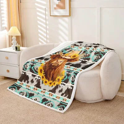 Cartoon Cow Rustic Aztec Blanket featuring a Highland cow