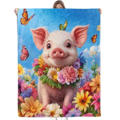 Cute Piglet with Flowers Blanket: A Smiling Pig in a Garden