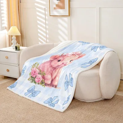 Pink Pig with Flowers Blanket: Cute Calf and Blue Bow Design