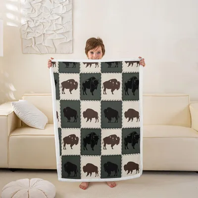 Bison Checkered Pattern Blanket: Rustic Buffalo Quilt Design