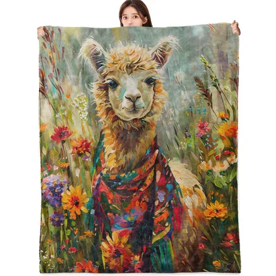 Colorful Llama Floral Art Blanket