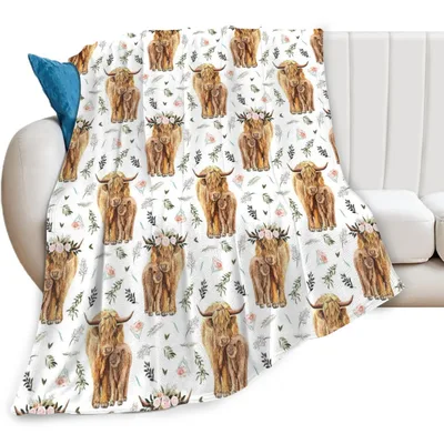 Highland Cow Pattern Blanket: Shaggy Cattle with Floral Crowns