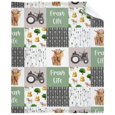 Farm Life Highland Cows Blanket: Patchwork Farm Design