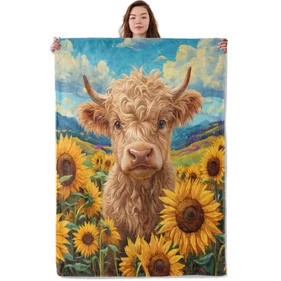 Highland Cow in Sunflowers Blanket: Fluffy Calf Artwork