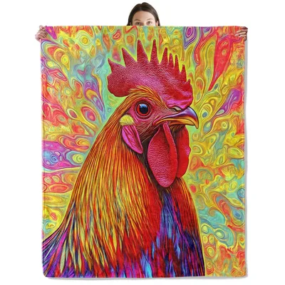 Colorful Rooster Rainbow Swirls Blanket: Psychedelic Chicken Art